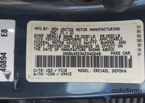 2010 Toyota Corolla Le из США, поврежденный, VIN 1NXBU4EE3AZ342248